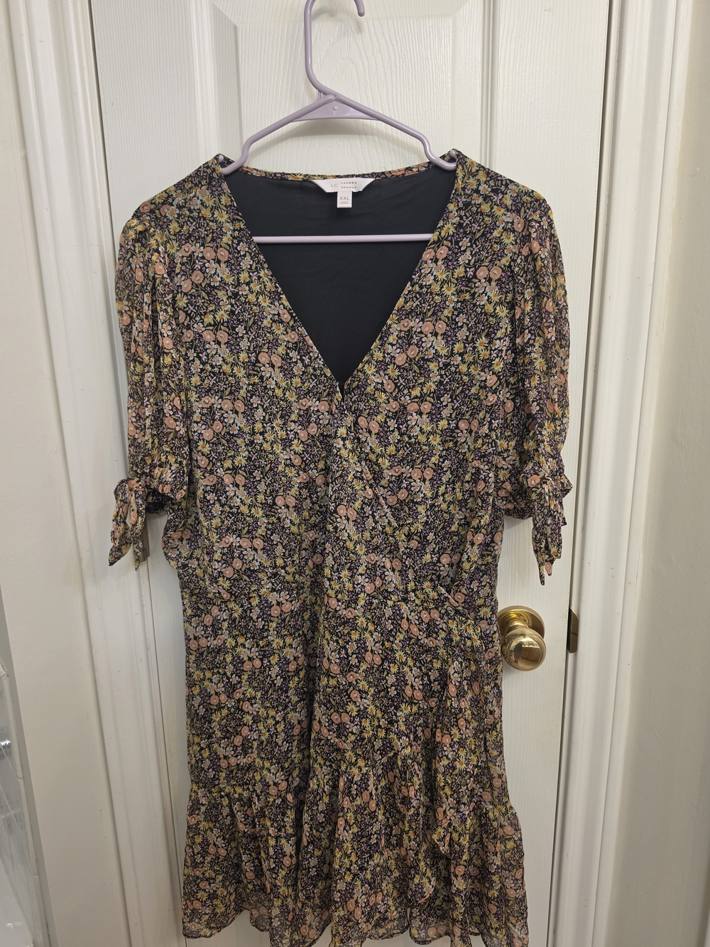 LC Lauren Conrad Black Floral V-Neck Midi Dress with Pink & Green Accents